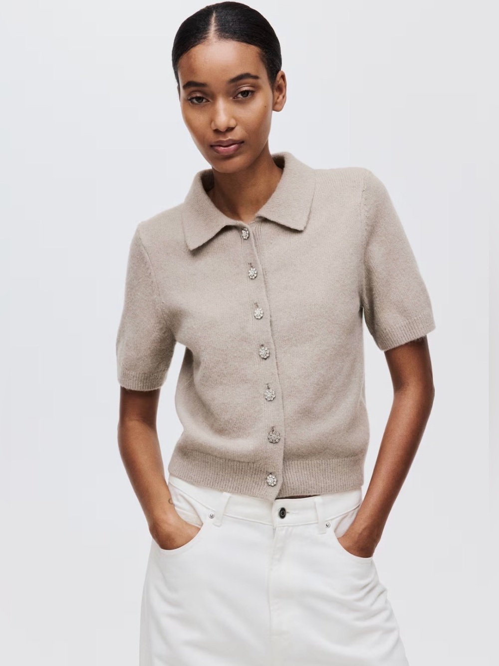 H&M Collared Short-Sleeved Cardigan with Crystal Buttons